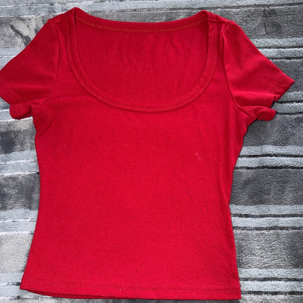 red scoop neck top